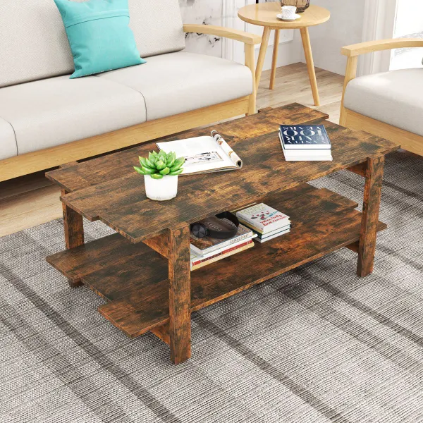 Mesa de Centro 2 Niveles de Madera con Estante de Almacenamiento - 115x59cm