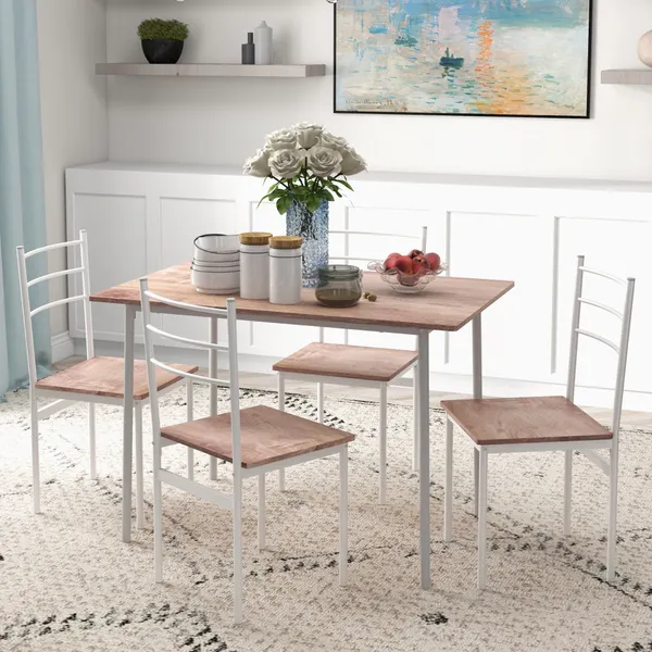 Conjunto de Refeição 5 Peças Conjunto de Mesa e 4 Cadeiras para 4 Pessoas com Estrutura de Aço para Cozinha Restaurante 110x70x75 cm Madeira e Branco