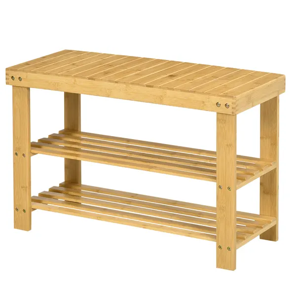 Banco Sapateira de Bambu Sapateira com Assento Organizador de Sapatos com 2 Prateleiras para 6-9 Pares de Sapatos para Entrada Sala de Estar Dormitório 70x28x45 cm Madeira