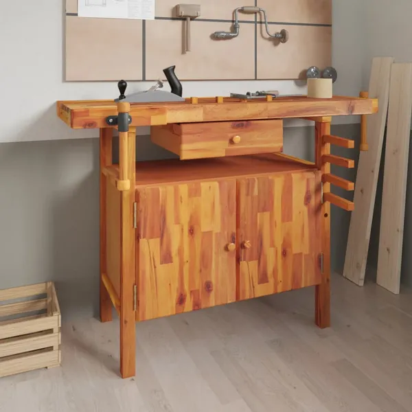 Bancada de trabalho com gaveta e torno 124x52x83 cm madeira maciça acácia