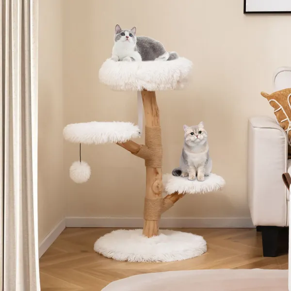Torre para Gatos de Madera de Peral Sólida con Plataforma Bola Colgante Postes para Rascar Blanco