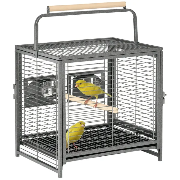Gaiola para Pássaros Portátil com 2 Poleiros de Madeira Comedouros de Aço Inoxidável e Bandeja Amovível para Periquitos Canários 48x38x47,8 cm Preto