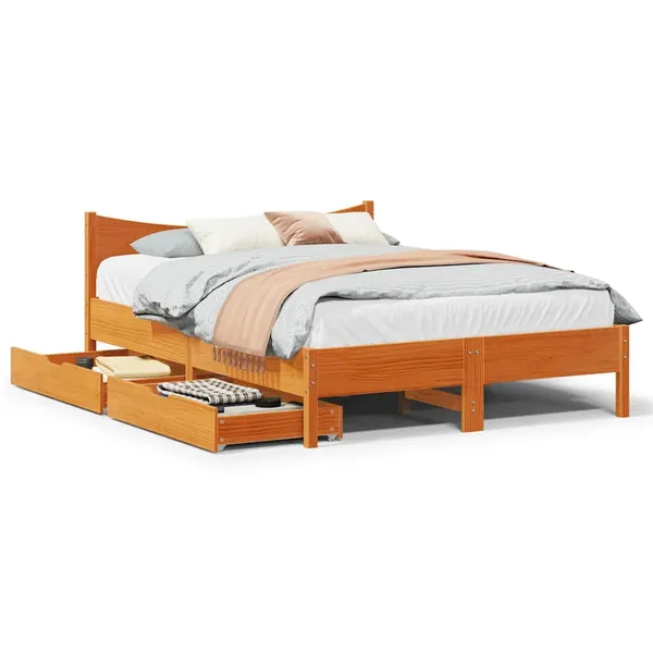 Estrutura cama c/ gavetas 150x200 cm pinho maciço castanho-mel