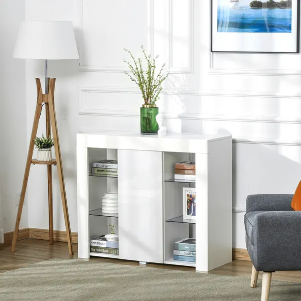 Trimmer moderne avec lumières LED mobiles Buffet avec 1 porte de verrouillage de pression et des coquilles réglables Télécommande 97x35x83cm Blanc