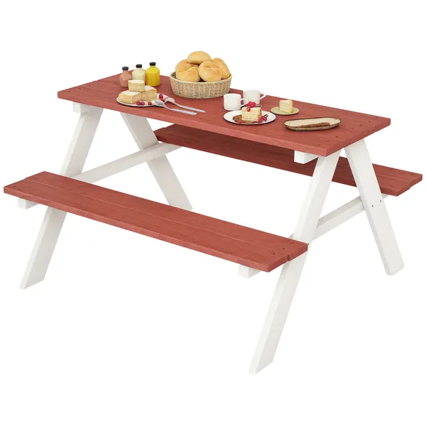 Conjunto de mesa y 2 Bancos infantiles de Madera Mesa de Piquenique para Niños de 3-8 Años para Jardín Pátio Varanda 89x79x50 cm Marrom y Blanco