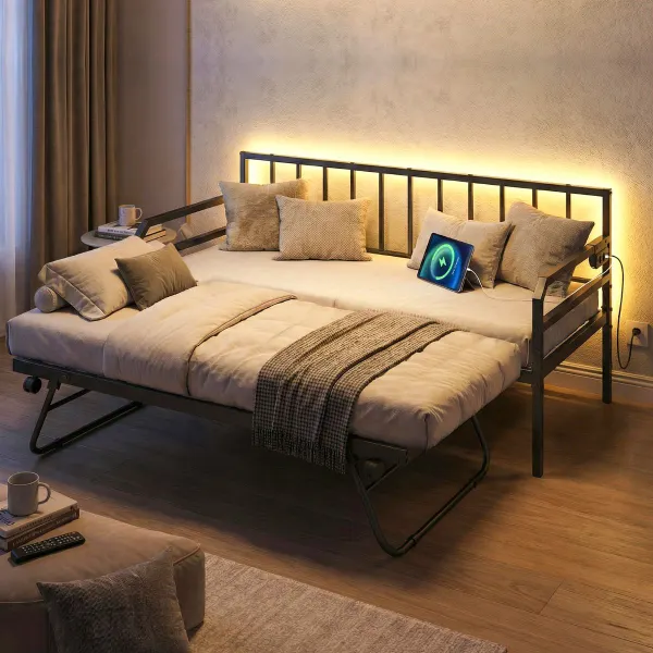 Sofá Cama Individual com Luzes LED, Base Metálica e Cama Nido Extraível Preto