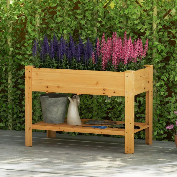 Cama de Jardín Elevada de Madera con Patas Jardinera Elevada con Estante Drenaje Contenedor para Flores Hierbas 120 x 60 x 80 cm