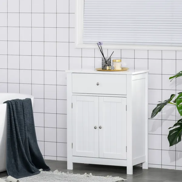Armário de Casa de Banho com 1 Gaveta e Prateleira Interior Ajustável Móvel Auxiliar de Armazenamento Multifuncional para Sala de Estar Cozinha 60x30x80cm Branco