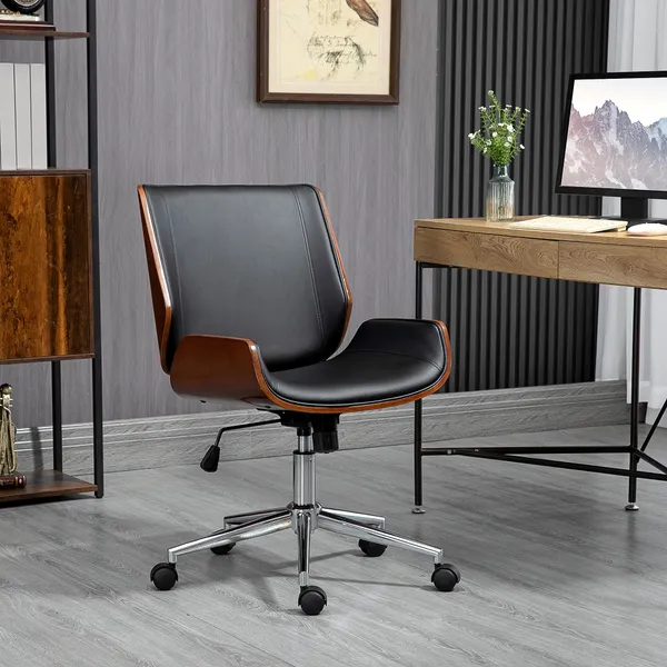 Silla de oficina Operativa Giratoria de PU con Altura ajustable Función Inclinación y Rodas para Sala de Estar Dormitorio Estudio Carga Máxima 120kg 51x65,5x82-92cm Preto