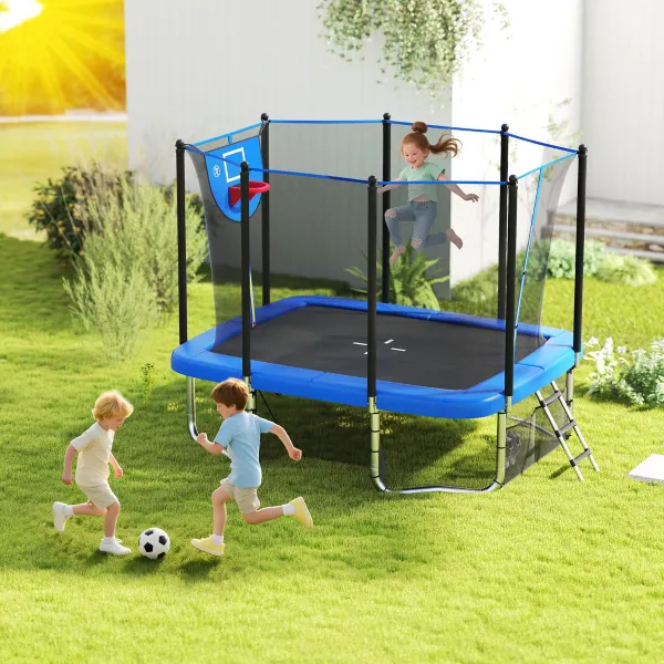 Trampoline Rectangulaire avec Panier de Basket Cage de Foot et Sac de Rangement 317x255x270cm