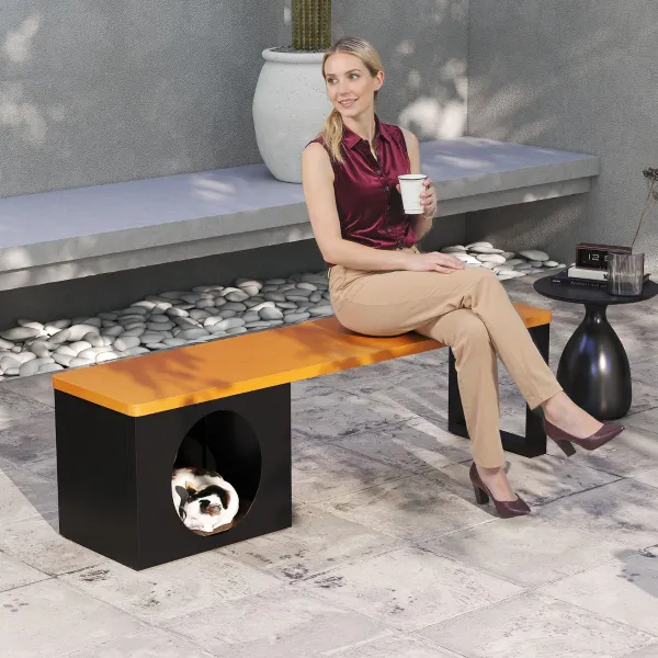Banc Métal Extérieur 150 cm avec Maison Chat Coussin Griffoir Capacité 450 kg