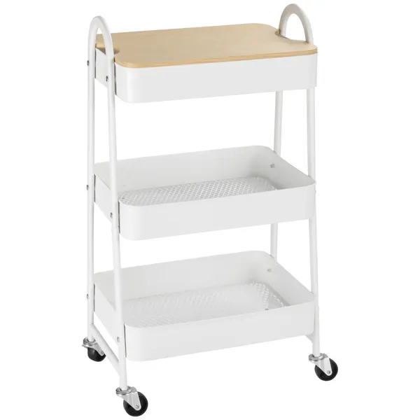 Carrinho Auxiliar com Rodas de 3 Níveis Carrinho de Cozinha com 3 Cestas de Aço e 1 Bancada de Madeira para Sala de Estar Casa de Banho 45x31x79,4 cm Branco