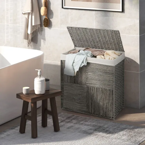 Cesta Plegable para Ropa Sucia 110 L de Ratán Tejida Mano con Tapa Asas