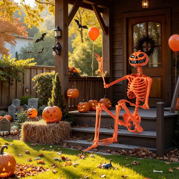 Esqueleto de Halloween com Cabeça de Abóbora 7 Articulações Móveis 158 cm