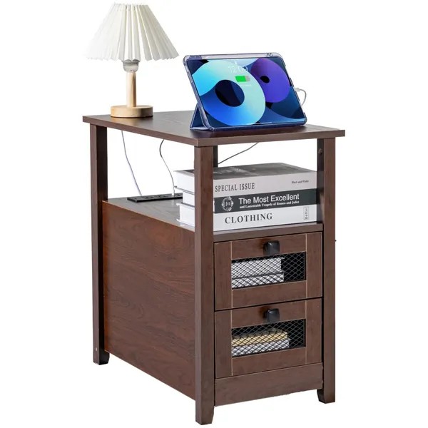Mesa lateral fazenda com portas, 4 níveis, portas USB castanho