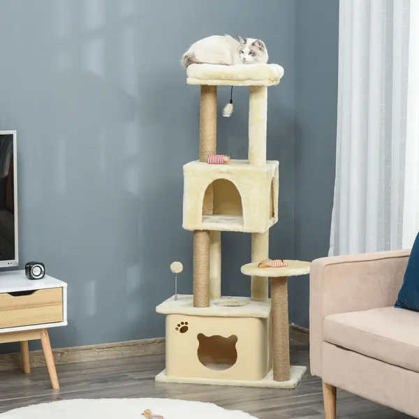 Tree Scratcher for Cats Activities Center with Platforms Grottes of Felpa Soft Posts for Scratching Jute Ball Toy suspendu 60x34x136cm beige