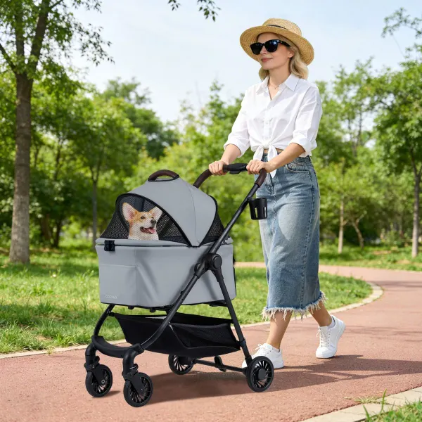 Cochecito para Mascotas 3 en 1 Plegable con Asiento para Coche Transportín Desmontable y Toldo de Malla Ajustable para Perros y Gatos Gris