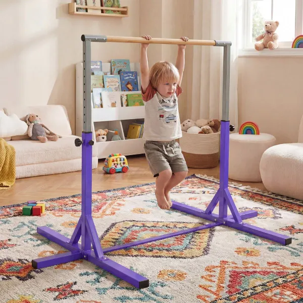 Barra Ginnastica Regolabile 85-145cm 12 Livelli Struttura Metallica Base Antiscivolo 3+ Anni Viola