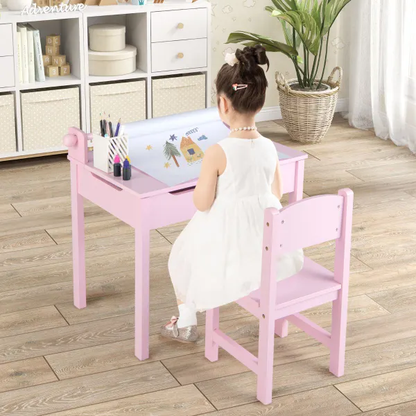 Conjunto Mesa e Cadeira Infantil com Armazenamento e Suporte para Rolo de Papel