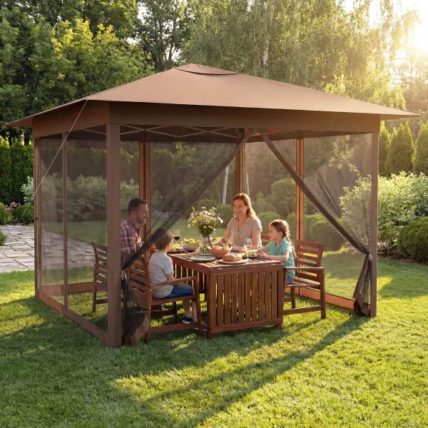 Tenda Pieghevole Esterna 3,5x3,5m Padiglione Emergente 4 Pareti Rete Chiusura Lampo Ventilazione Protezione Solare Marrone