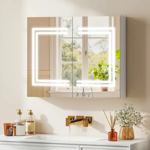 Armário Casa de Banho com Espelho e Luz LED Móvel Casa de Banho de Parede com 2 Portas Prateleiras Ajustáveis Interruptor Tátil e Cor da Luz Ajustável 80x15x65 cm Branco Brilhante