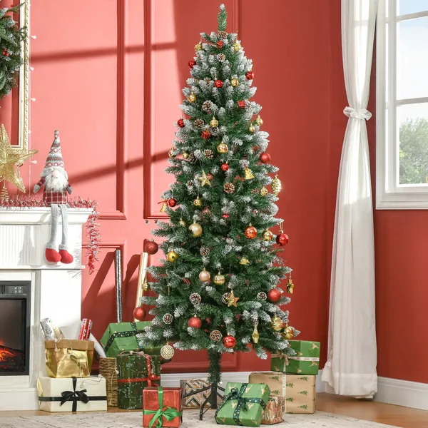 Árbol de Navidad artificial con nieve 180 cm 508 Ramos Realistas 49 Pinhas Base Dobrable y Soporte de Acero para Interior Ø73x180 cm Verde y Blanco