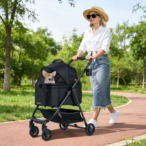 Cochecito para Mascotas 3 en 1 Plegable con Asiento para Coche Transportín Desmontable y Toldo de Malla Ajustable para Perros y Gatos Negro