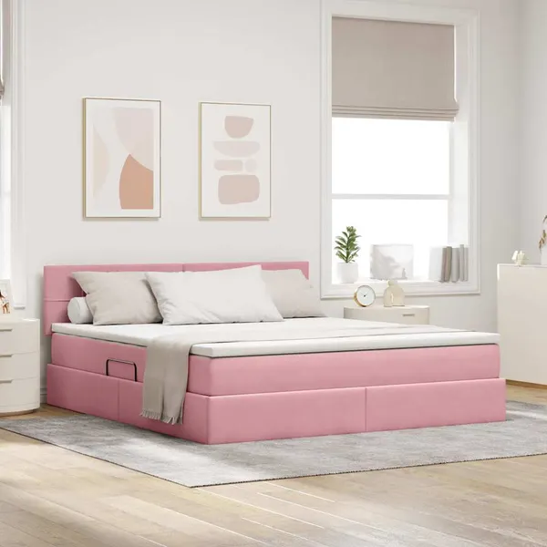Cama com arrumação e LED com colchão Rosa 180 x 200 cm Veludo