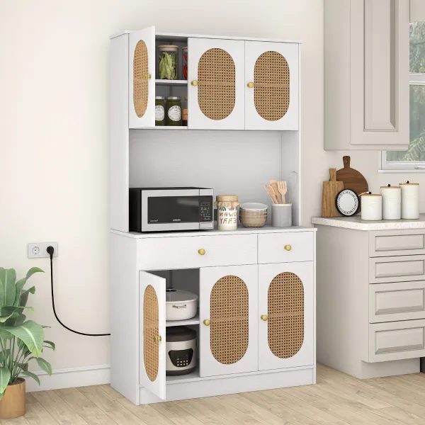 Armário 180 cm com Coelheira Estação de Carga 6 Portas Vime 2 Gavetas 4 Prateleiras Ajustáveis Boho Natural