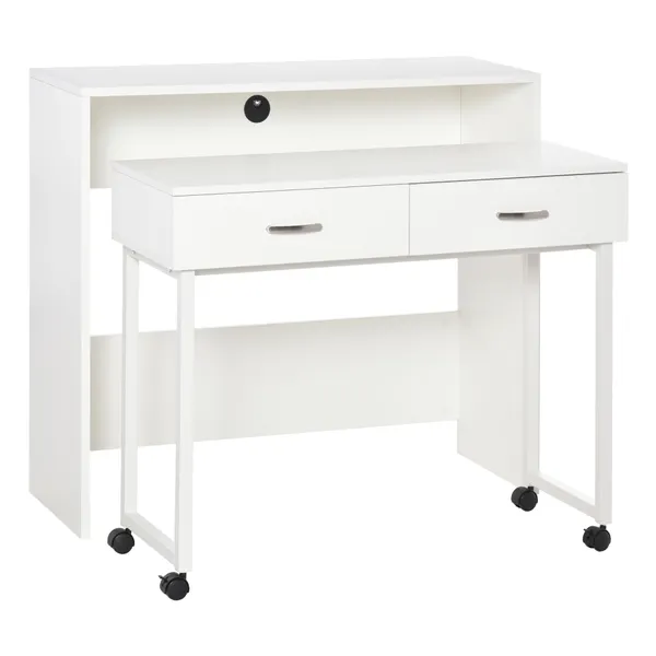Conjunto de 2 mesas secretária para escritório com rodas 2 gavetas 100x36x88 cm Branco