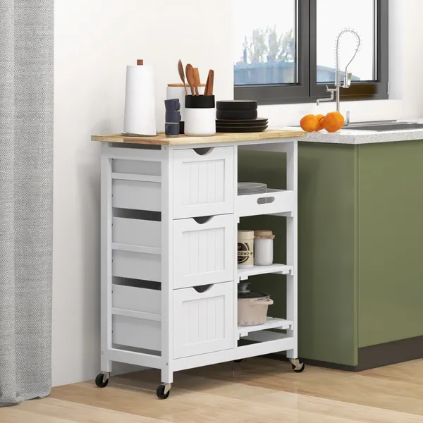 Carrinho de Cozinha com Rodas Carrinho de Serviço Multiuso com 3 Gavetas 2 Prateleiras Abertas e Bandeja para Sala de Jantar Sala de Estar 67x37x85,5cm Branco