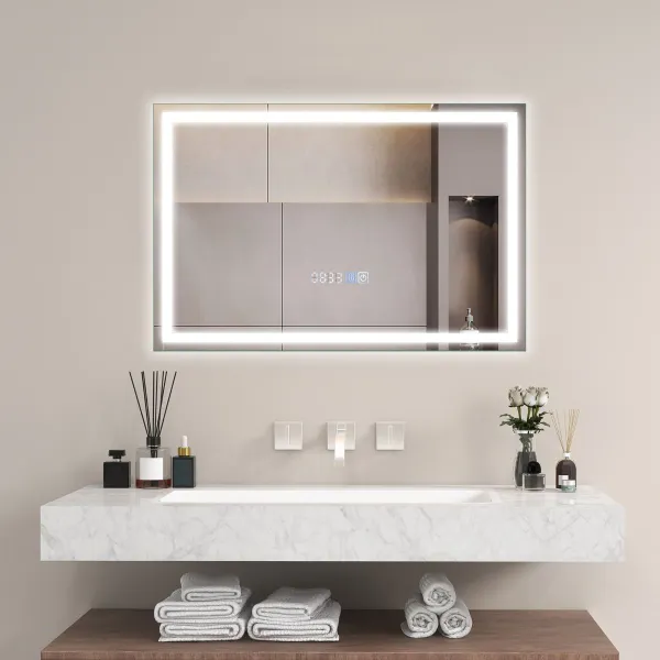 Espejo Rectangular de Baño con Luz LED Brillo Ajustable 3 Temperaturas de Color Función Antivaho 60 x 40 cm