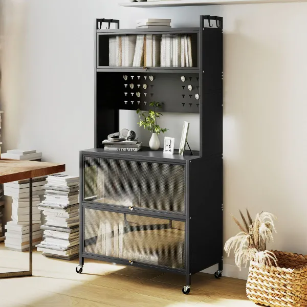 Estante de Cocina de 5 Niveles con Soporte para Microondas, Puertas y Ruedas