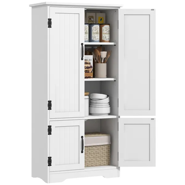 Armário de Cocina Armário de Cocina Alto Móvil Auxiliar con 4 Puertas y Prateleiras Ajustables para Sala de estar 60x30x123 cm Blanco