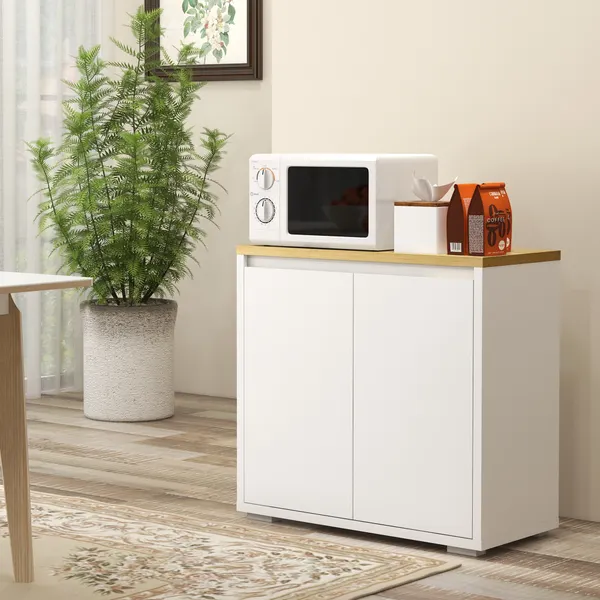 Aparador de Sala de Estar Armário de Armazenamento Móvel Auxiliar de Cozinha com 2 Portas e Prateleira Ajustável para Sala de Jantar Entrada 80x37x75 cm Branco e Madeira