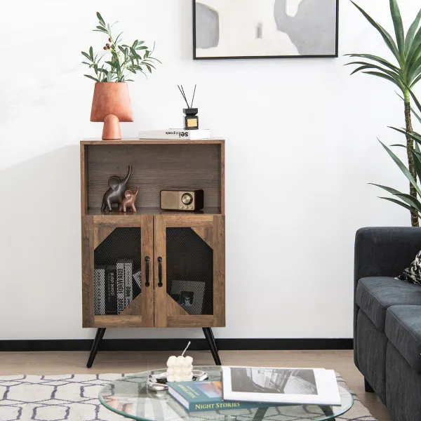 Armario Industrial para Vinos Aparador de Cocina con Soporte para Botellas Extraíble y Portavasos 2 Puertas de Malla
