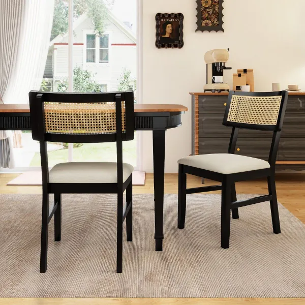 Juego 2 Sillas Comedor Ratán Cocina Tela Acolchado Patas Madera Respaldo Curvado Estilo Rústico Negro y Beige