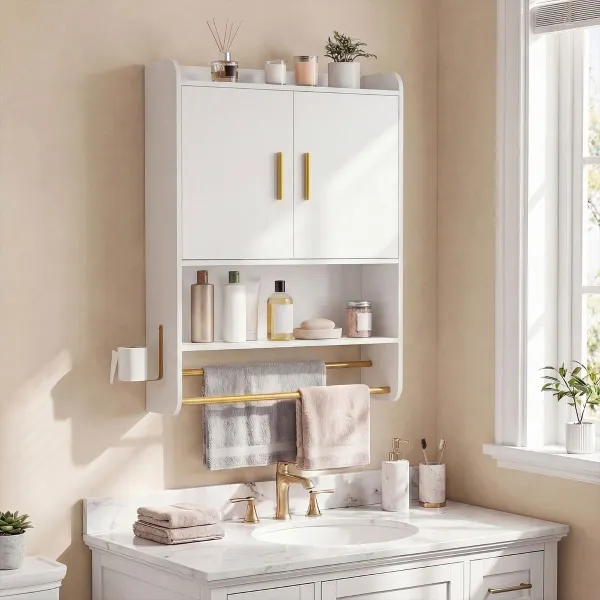 Mueble Colgante para Baño de 55x20x80 cm con Puertas Estante Ajustable y Barra para Colgar Blanco