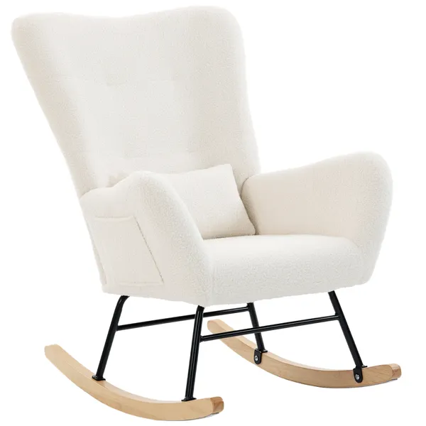 Poltrona Baloiço em Borrego Sintético Poltrona para Amamentação com Encosto Acolchoado Almofada e Base de Madeira de Borracha Suporta 120 kg 67x82x100 cm Creme