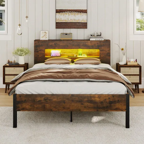 Cama de Plataforma Industrial com Luzes LED, Cabeceiro com Arrumação e Tomadas 200x140cm