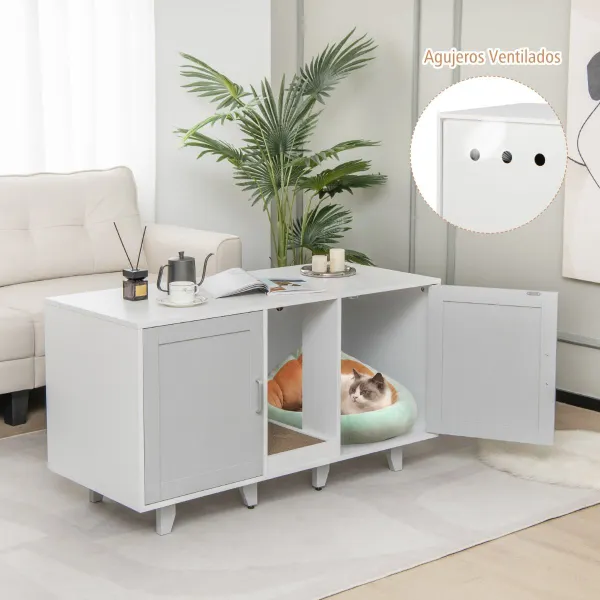 Mueble Para Gatos con Baño Oculto Tablero Rascador y Patas de Madera Extraíbles 120 x 52 x 65 cm