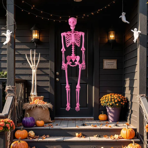 Decoración de Esqueleto de Halloween Rosa Tamaño Real 160 cm con 8 Articulaciones Móviles