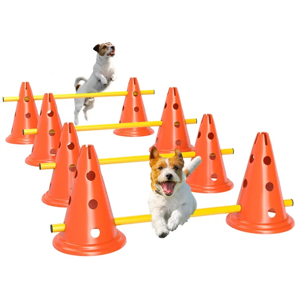 Kit de Agilidade para Cães Barreiras de Obstáculos para Treino de Coordenação 8 Cones de 30 cm de Altura 4 Barras de 80 cm e Bolsa de Transporte para Desporto e Animais de Estimação