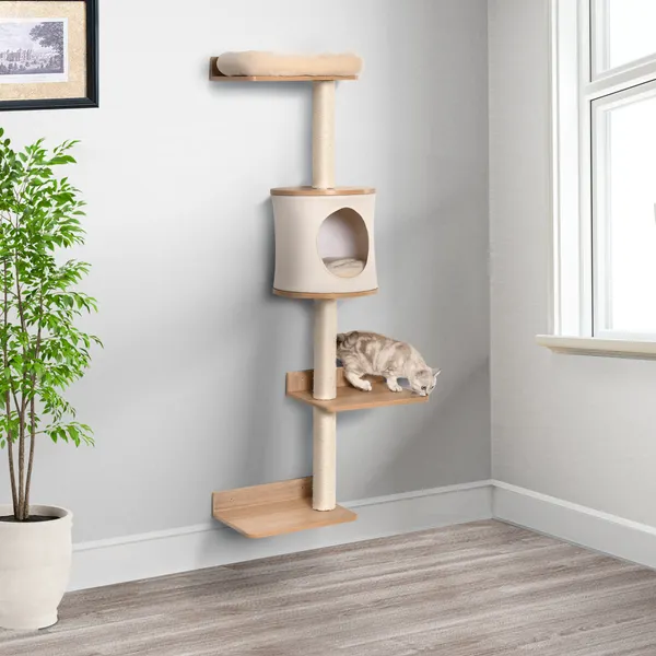 Árbol para gatos de Parede con Múltiplas Plataformas Caverna Cama Superior Almofada Removible Postes Arranhadores de Sisal Torre para Escalar 38x30x149cm Bege y Carvalho