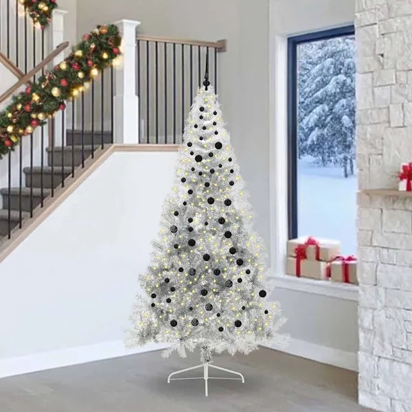Árvore de Natal Artificial Pré-iluminada Prateado 240 cm PET