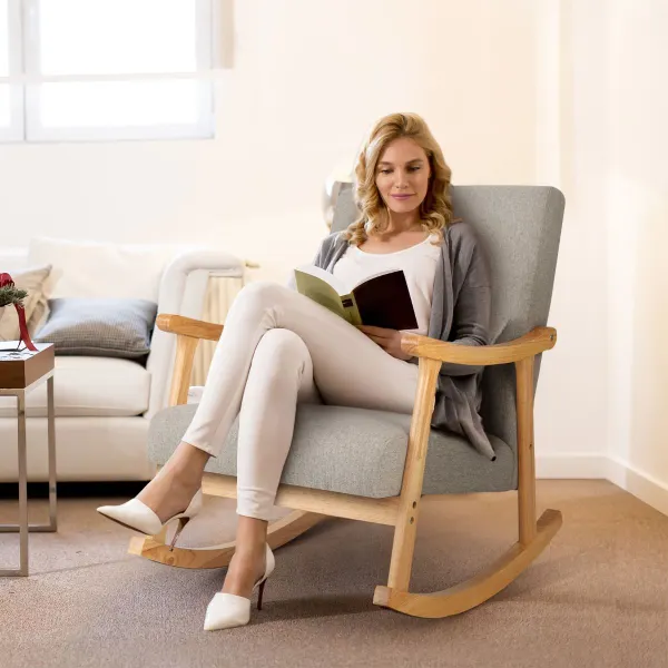 Fauteuil à Bascule Rembourré avec Coussin Lombaire Dossier Épais Bois de Caoutchouc Naturel Gris