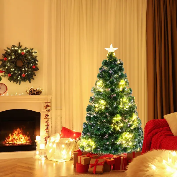 120/150/180 cm Árbol de Navidad de Fibra Óptica Artificial Preiluminado con Luces de Cuerda Ajustable y Base de Metal