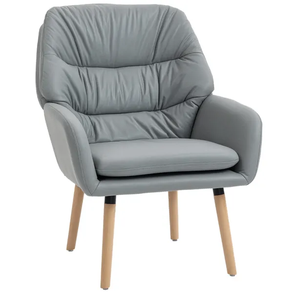 Poltrona de Sala de Estar Moderna Acolchoada de Dupla Camada Estofada em Couro Sintético Pés de Madeira 68x74x89 cm Cinza