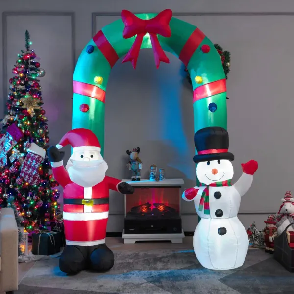 Arco Inflável de Natal com Pai Natal e Boneco de Neve - Luzes LED e Soprador Integrado