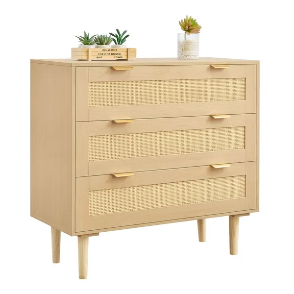 Cómoda ratan 3 gavetas madeira metal 220cm
